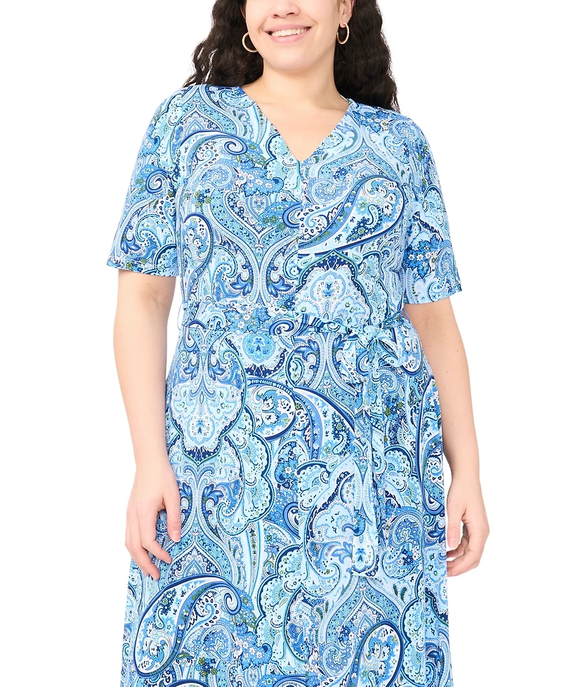 Msk Plus Printed V-Neck Short-Sleeve Midi Dress
