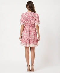 Taylor Petite Printed V-Neck Puff-Sleeve Ruffled-Hem Dress