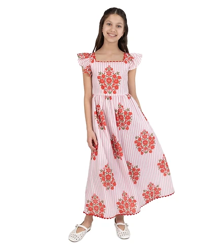 Rare Editions Girls' 7-16 Striped Block Print Flutter-Sleeves Maxi Dress