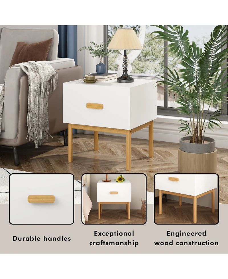 Rainsken Modern Minimalist Nightstand, White Bedside Table with Drawer, Handle and Wood Legs for Bedroom, Living Room, or Apartment