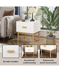 Rainsken Modern Minimalist Nightstand, White Bedside Table with Drawer, Handle and Wood Legs for Bedroom, Living Room, or Apartment