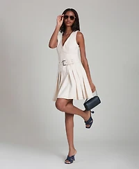 Avec Les Filles Women's V-Neck Belted Pleated Mini Dress