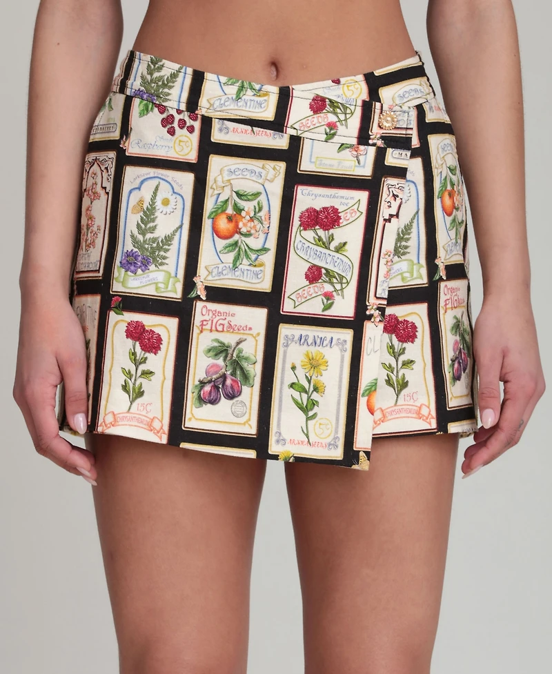 Avec Les Filles Women's Botanical-Print Wrap Front Mini Skirt