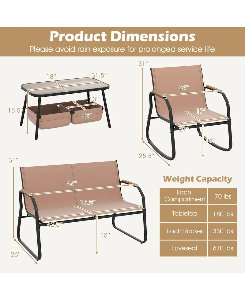 Costway 8 Pieces Patio Furniture Set with 4 Rocking Bistro Chairs 2-Tier Coffee Table