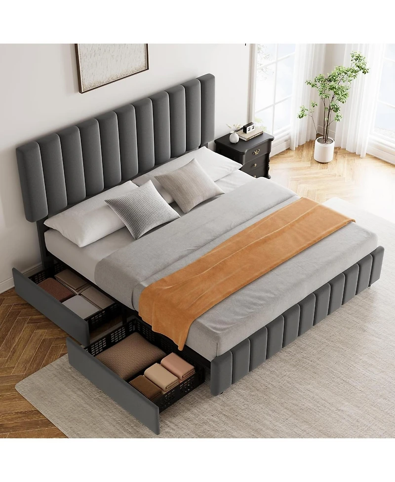 gaomon Linen Upholstered Platform Bed Frame with 4 Storage Drawers, Adjustable Headboard, Wooden Slats Support, No Box Spring Needed.