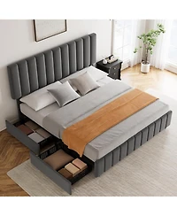 gaomon Linen Upholstered Platform Bed Frame with 4 Storage Drawers, Adjustable Headboard, Wooden Slats Support, No Box Spring Needed.
