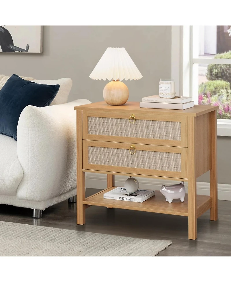 Gaomon Rattan Nightstand Set of 2, Boho Nightstand with 2 Drawers and Storage Shelf