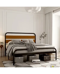 gaomon King Metal Platform Bed Frame Wooden Headboard Heavy-Duty Support Noise-Free Design Under-Bed Storage Rustic Light