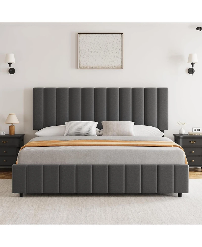 gaomon Linen Upholstered Bed Frame with 4 Storage Drawers, Adjustable Headboard, Sturdy Wooden Slats, No Box Spring Required