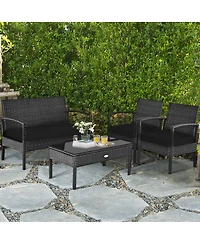 Costway 4 Pieces Outdoor Patio Rattan Furniture Set Cushioned Sofa Coffee Table Garden Deck