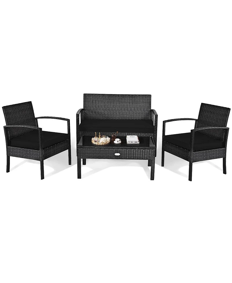 Costway 4 Pieces Outdoor Patio Rattan Furniture Set Cushioned Sofa Coffee Table Garden Deck