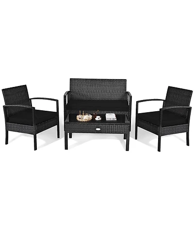 Costway 4 Pieces Outdoor Patio Rattan Furniture Set Cushioned Sofa Coffee Table Garden Deck