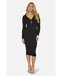 Yumi Women's Ribbed Zip-Neckline Fitted Midi Dress