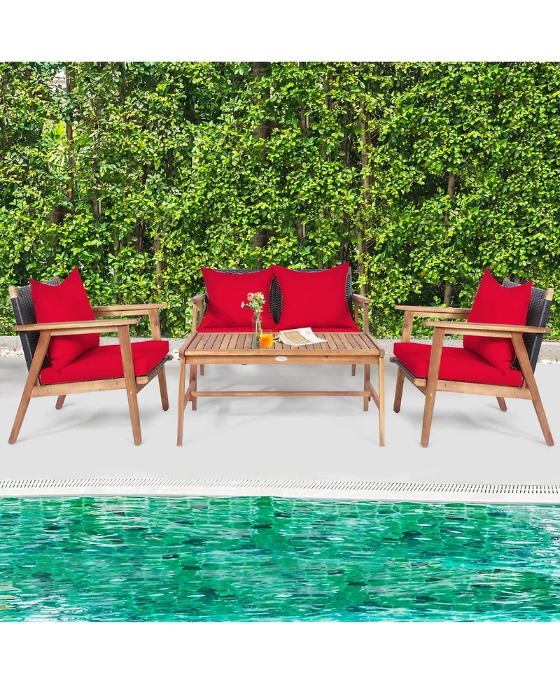 Gymax 8PCS Patio Conversation Set Wood Frame Furniture Set w/ Red Cushions