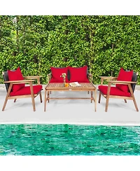 Gymax 8PCS Patio Conversation Set Wood Frame Furniture Set w/ Red Cushions