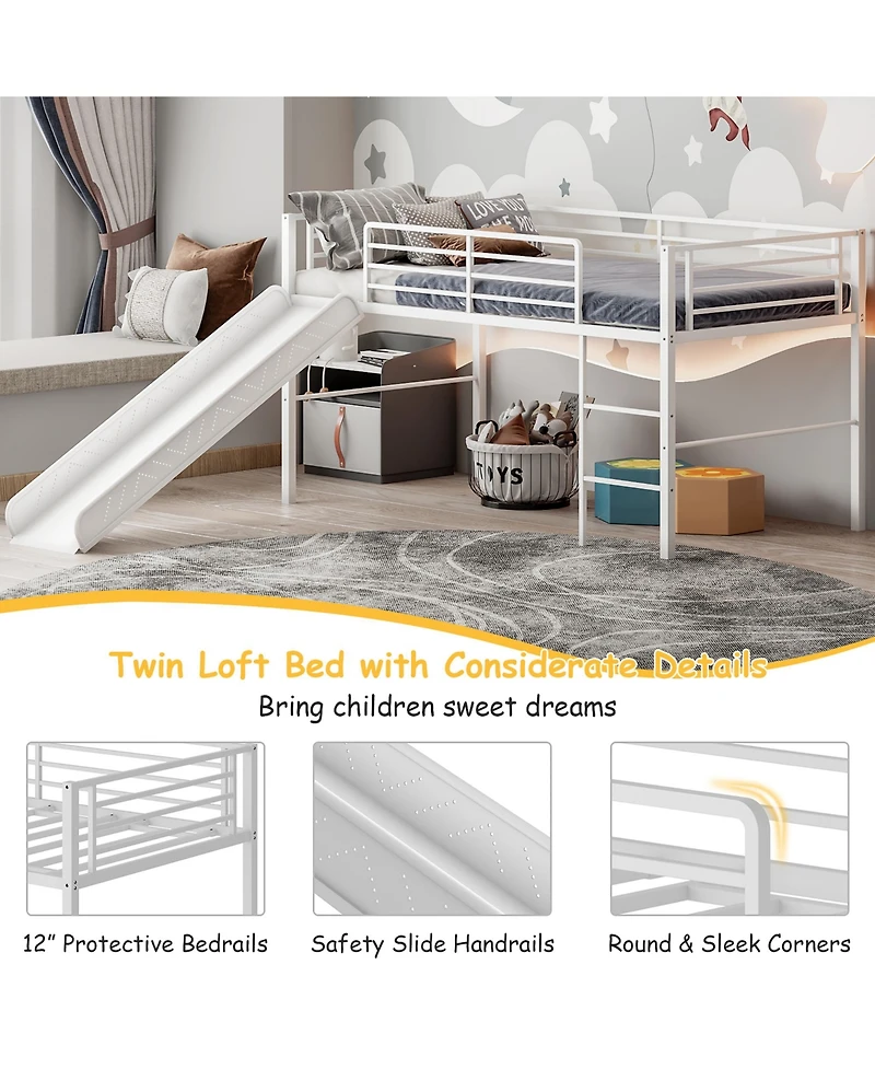 Gymax Twin Metal Loft Bed with Slide Guardrails Built-in Ladder Low Bed Frame Silver