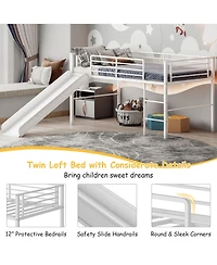 Gymax Twin Metal Loft Bed with Slide Guardrails Built-in Ladder Low Bed Frame Silver
