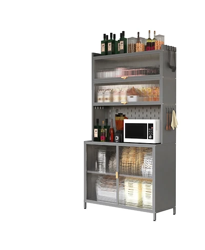 Rainsken 6-Tier Pantry Cabinet with Flip Door and Pegboard, Freestanding Kitchen Hutch with Adjustable Shelves for Dining Room