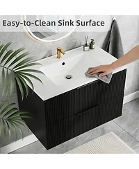 Sillysis 30" Wall Mounted Bathroom Vanity with Ceramic Sink, Fluted Mdf Cabinet & Drawers for Modern Small Bathrooms-Sillysis