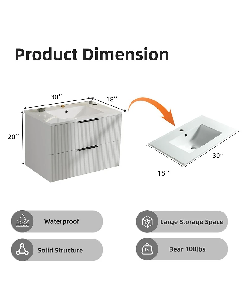 Sillysis 30" Wall Mounted Bathroom Vanity with Ceramic Sink, Fluted Mdf Cabinet & Drawers for Modern Small Bathrooms-Sillysis