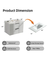 Sillysis 30" Wall Mounted Bathroom Vanity with Ceramic Sink, Fluted Mdf Cabinet & Drawers for Modern Small Bathrooms-Sillysis