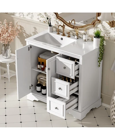 Sillysis 36" Transitional Bathroom Vanity with Ceramic Sink, Solid Wood & Mdf, 2 Soft-Close Doors, 3 Drawers, Adjustable Shelf for Storage