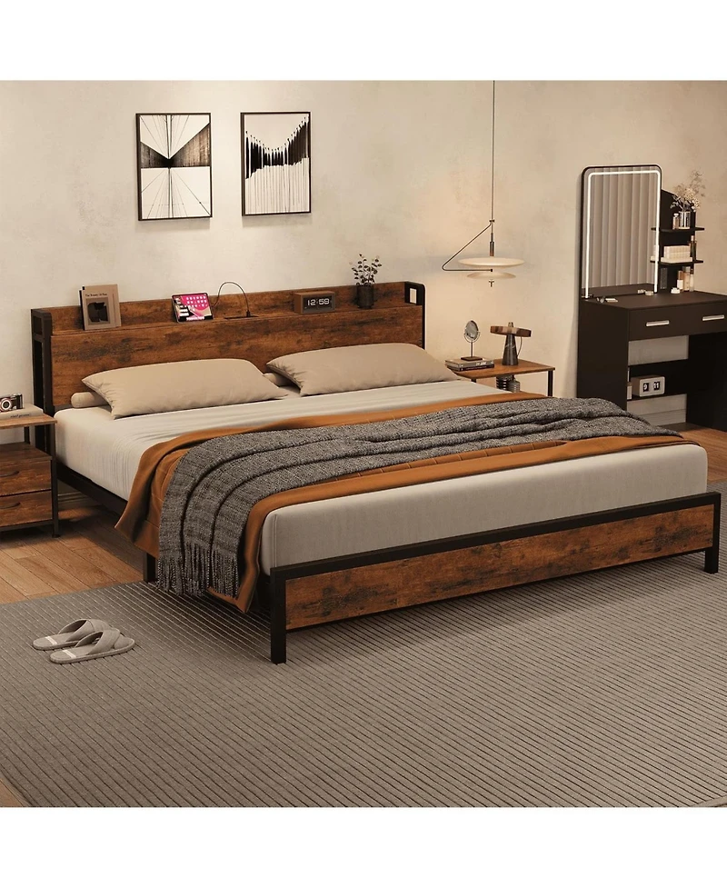 gaomon King Industrial Platform Bed Frame Usb Charging Station 2-Tier Storage No Box Spring Retro Wood Finish Heavy Duty Metal Frame Headboard