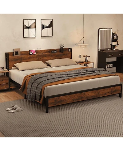 gaomon King Industrial Platform Bed Frame Usb Charging Station 2-Tier Storage No Box Spring Retro Wood Finish Heavy Duty Metal Frame Headboard