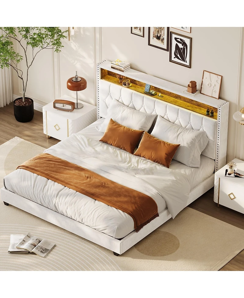 gaomon Bed Frame Button Tufted Upholstered Headboard Platform Charging Station Bookcase Light Noise-free Stable No Box Spring
