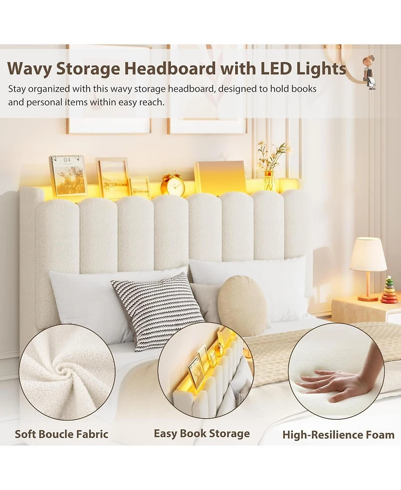 gaomon Boucle Upholstered Platform Bed Wavy Headboard Storage Bookcase 2 Drawers No Box Spring