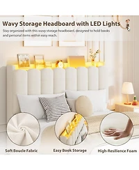 gaomon Boucle Upholstered Platform Bed Wavy Headboard Storage Bookcase 2 Drawers No Box Spring