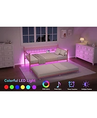 gaomon Metal Daybed with Trundle Sofa Bed Frame Charging Station Led Lights for Living Room Guest Room Apartment