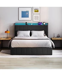 gaomon Full Bed Frame Lift-Up Storage Led Lights Upholstered Velvet Charging Headboard Metal Frame No Box Spring