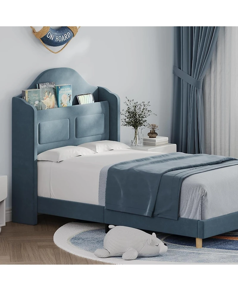 gaomon Twin Bed Frame Headboard Built-in Led Lights Velvet Upholstered Platform Wing Back Easy Assembly No Box Spring Noise Free