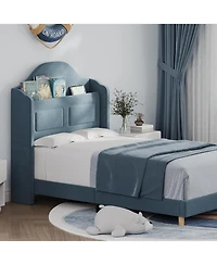 gaomon Twin Bed Frame Headboard Built-in Led Lights Velvet Upholstered Platform Wing Back Easy Assembly No Box Spring Noise Free