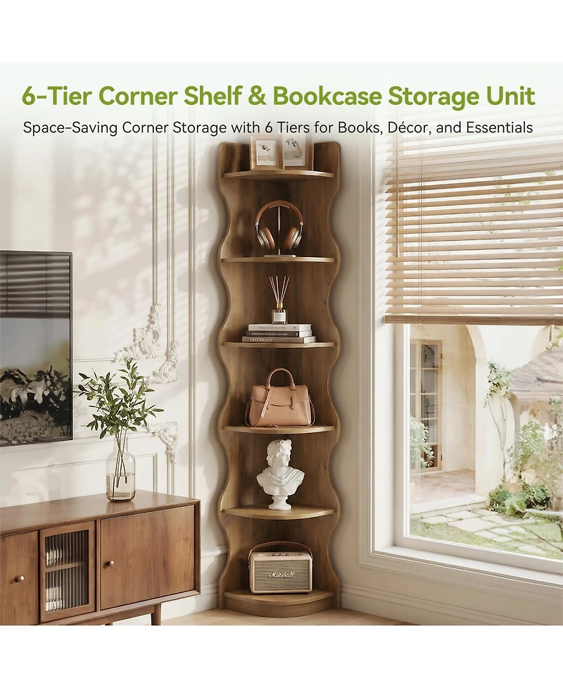 Tribesigns Modern 6-Tier Corner Shelf, 71'' Wavy Wall Corner Bookshelf, Unique Curvy Shape Corner Shelves Stand Plant Stand Display Rack