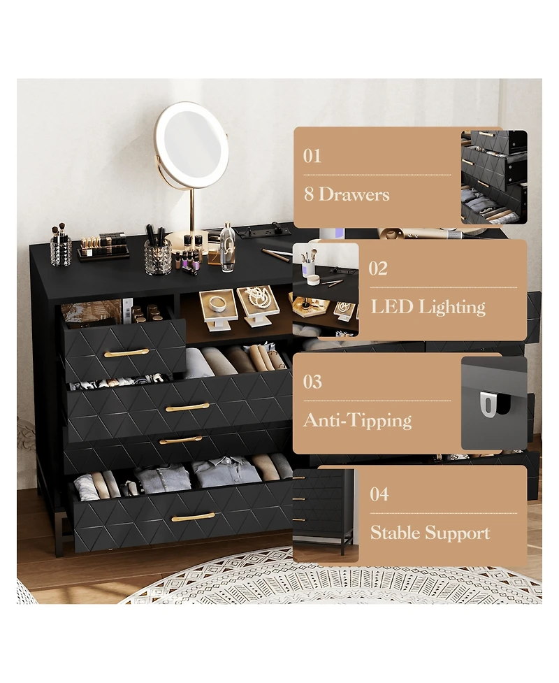 gaomon 8-Drawer Dresser with Led Lights & Charging Station, Modern Accent Chest for Bedroom Living Room Apartment Storage