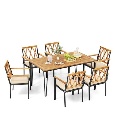 Gymax 7 Pcs Patio Dining Set With 2'' Umbrella Hole and Seat Cushions for Garden