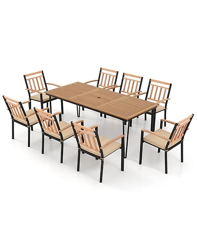 Gymax 9 Pcs Patio Dining Set w/ Rectangular Acacia Wood Dining Table 8 Cushioned Chairs