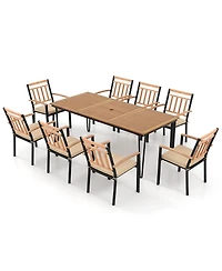 Gymax 9 Pcs Patio Dining Set w/ Rectangular Acacia Wood Dining Table 8 Cushioned Chairs