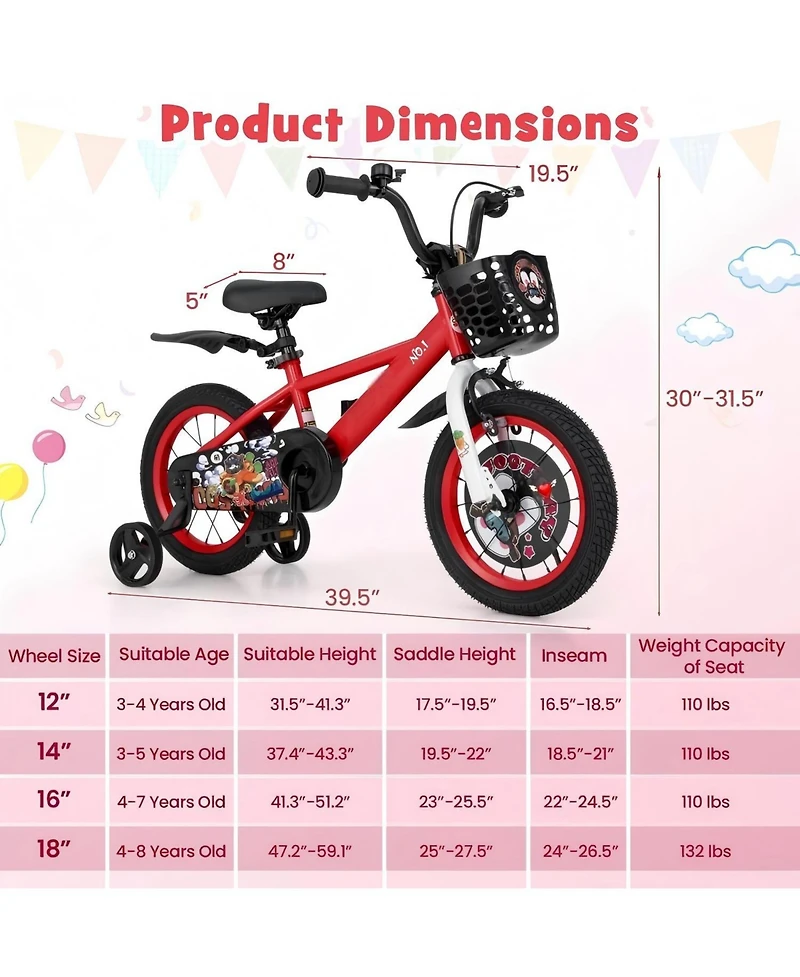 Hongge 14 Inch Kids Bike Adjustable with Storage Basket and Double Brake for 3-5 Years Old