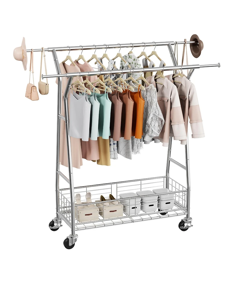 Rainsken Clothes Rack, Rolling Clothing Garment Rack, Extendable Carbon Steel Clothing Racks with 2 Hanging Rods and Storage Basket for Living Room