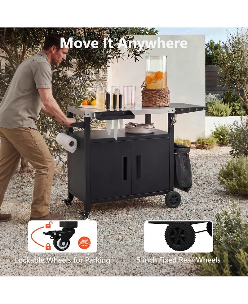 Rainsken Outdoor Grill Cart with Drop Leaf, Metal Bar Cart with Wheels, Stainless Steel Top, Storage Cabinet, Spice and Paper Rack for Bbq