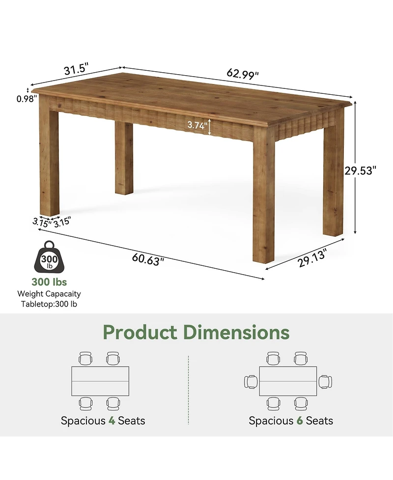 Tribesigns 63-Inch Solid Wood Dining Table for 6, Farmhouse Kitchen Table, Rectangular Wood Dinner Table for Dining Room, Living Room