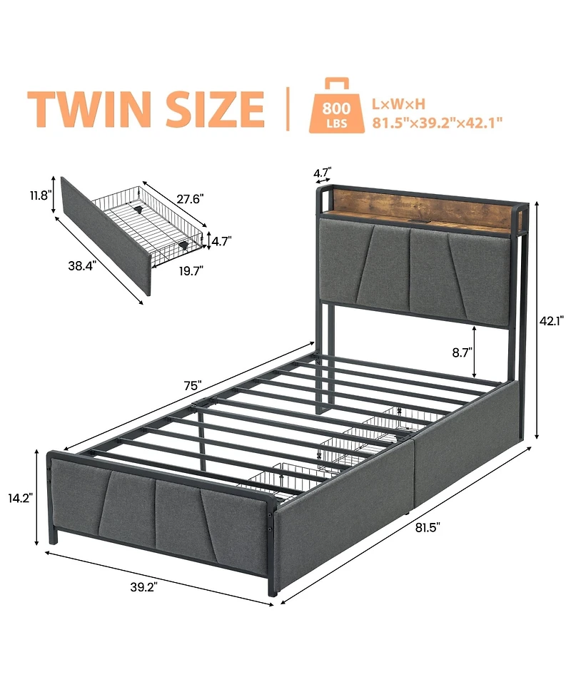 gaomon Twin Bed Frame 2 Storage Drawers Charging Station Linen Upholstered Platform Headboard Noise Free No Box Spring
