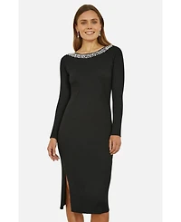 Yumi Women's Bedazzled Neck Fitted Midi Knitted Dress