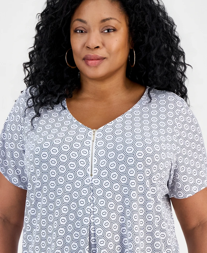 Jm Collection Plus Simple Tiles V-Neck Zipper Top, Macy's Exclusive