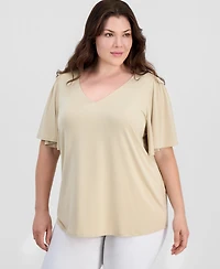 Jm Collection Plus Solid V-Neck Flutter-Sleeve Top, Macy's Exclusive