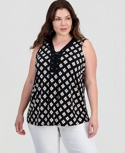 Jm Collection Plus Printed Lace-Up Sleeveless Top