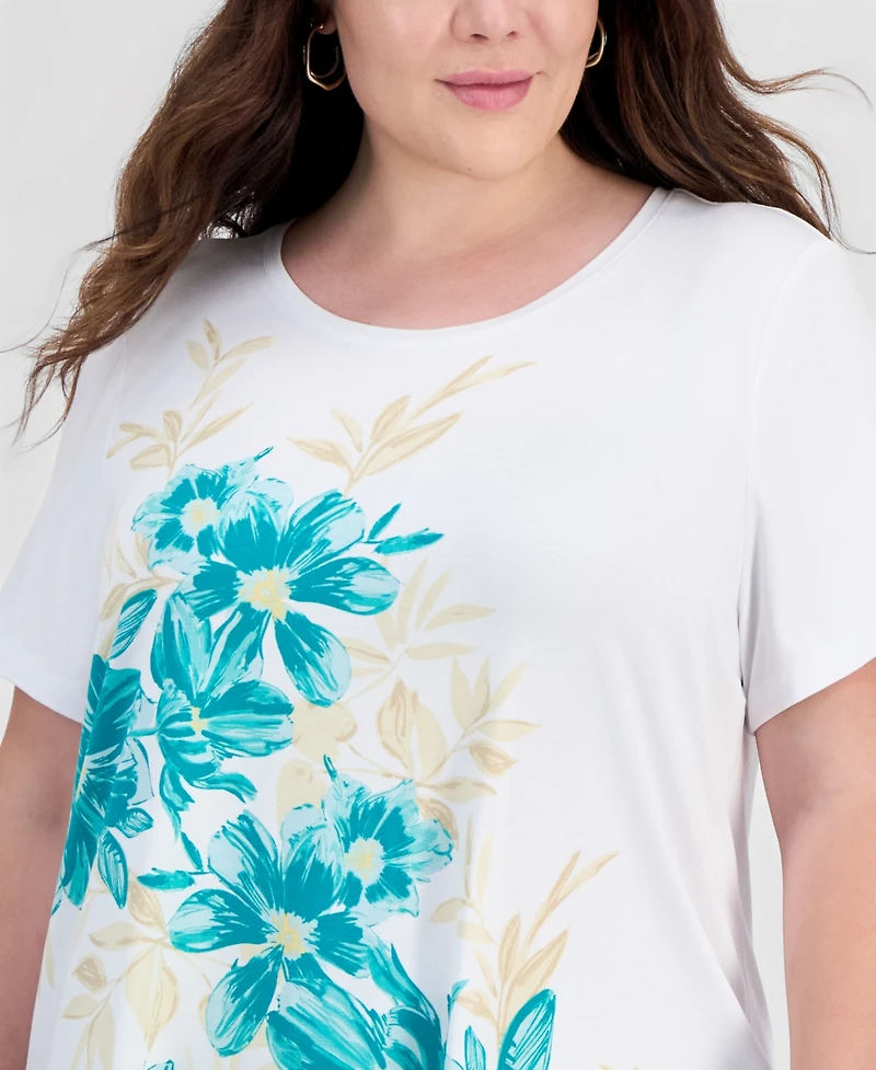 Jm Collection Plus Painted Floral Scoop-Neck Top, Macy's Exclusive